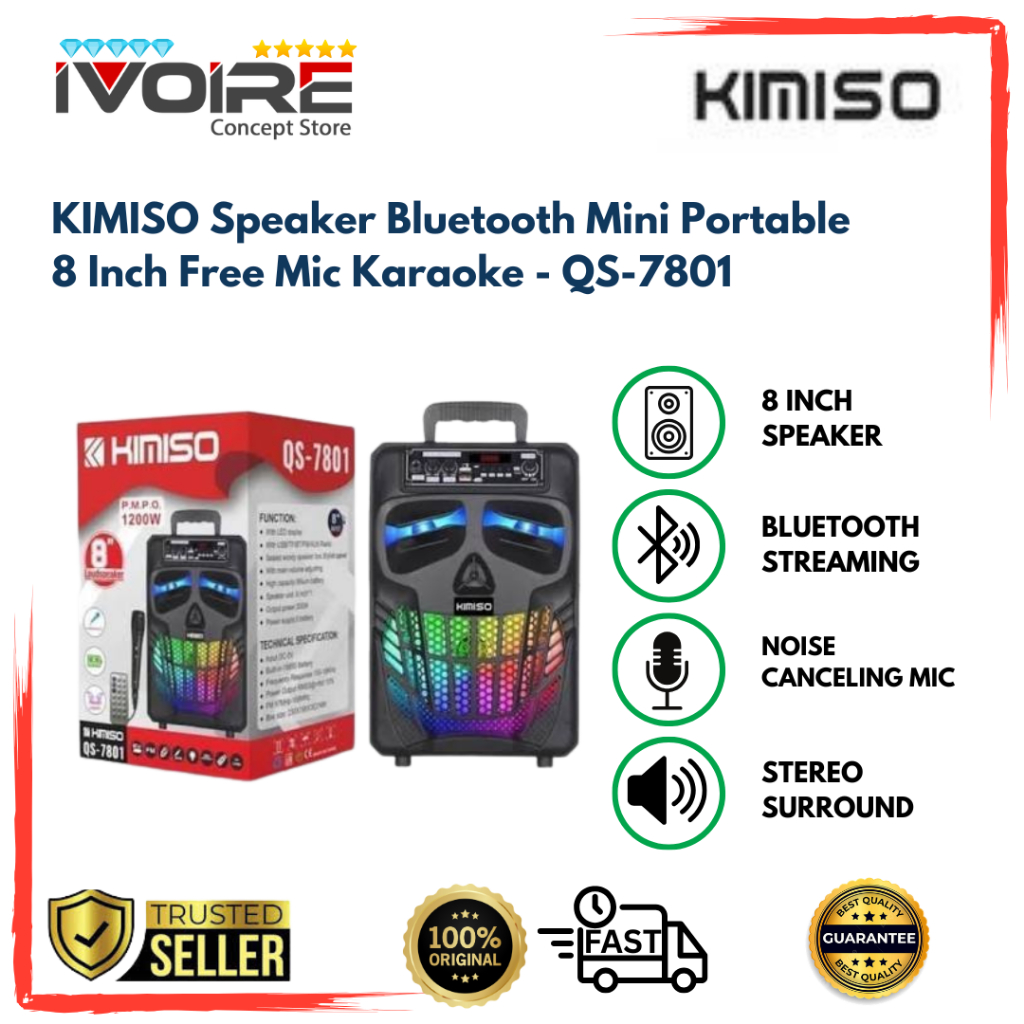 KIMISO Speaker Bluetooth Mini Portable  8 Inch Free Mic Karaoke - QS-7801
