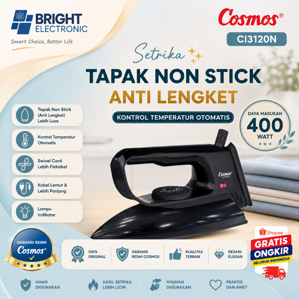 SETRIKA LISTRIK COSMOS ANTI LENGKET CI3120N/CI-3120N/CI-3120-N/CI 3120N/CI 3120 N/COSMOS SETRIKA