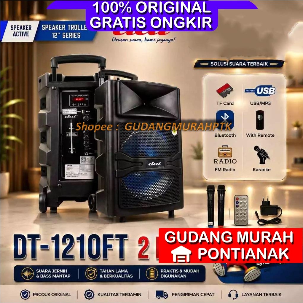 Speaker Bluetooth 12" DAT bonus 2 mic wireless Salon aktif Troli nir kabel 12 inch troley