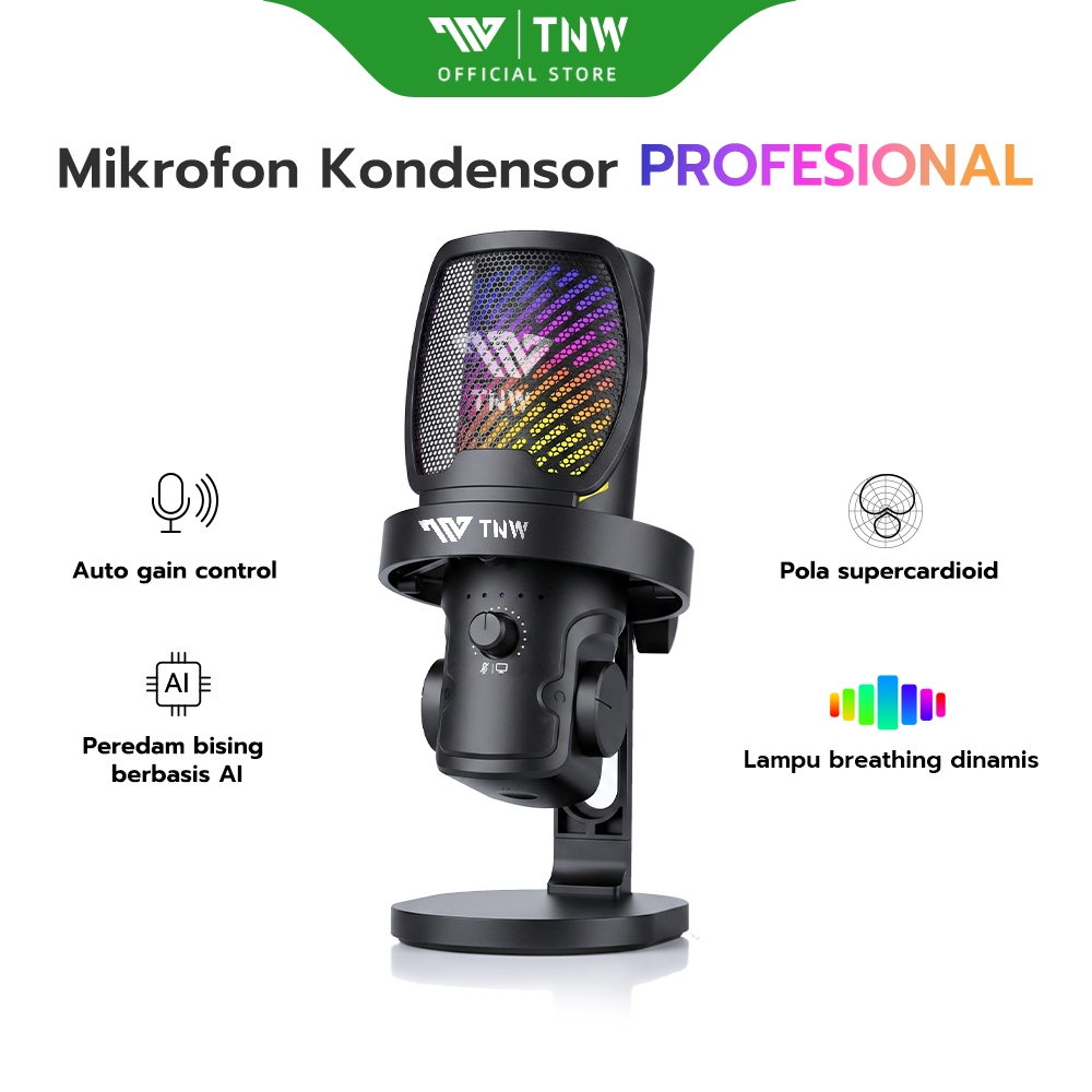 TNW K22 Condenser Microphone Dengan AI Noise Reduction Desktop Microphone With Pop Filter & RGB Podc