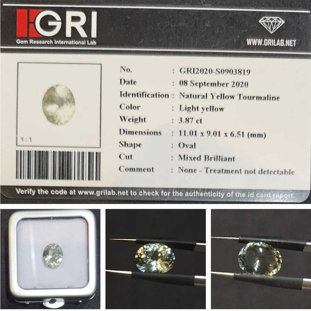 Natural Yellow Tourmaline 3.87ct Oval Mixed Brilliant Certified GRI Batu Permata