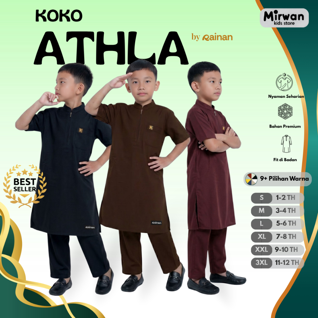 Mirwan Kids Store - Baju Koko Kurta Anak Laki Laki Athla by Rainan ORI Usia 1Sampai 13Thn Bahan Adem