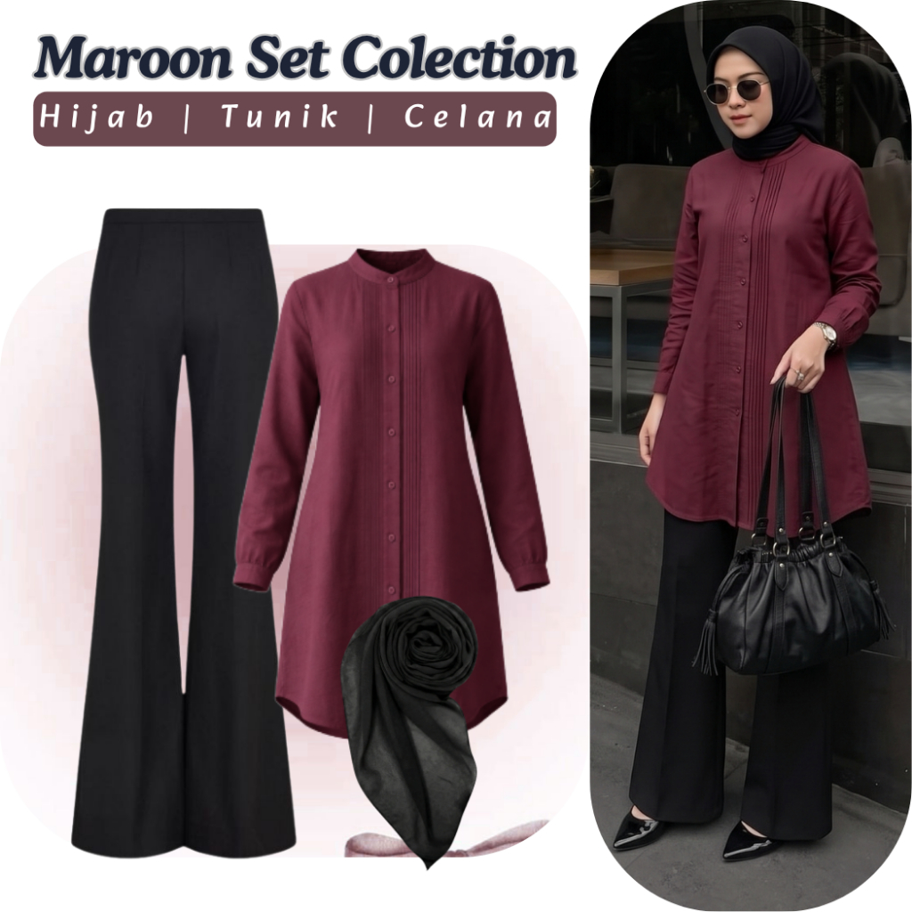One Set Tunik Wanita Kekinian [SW057] - Setelan Baju Tunik Celana Cutbray Hijab Casual OOTD Korean S