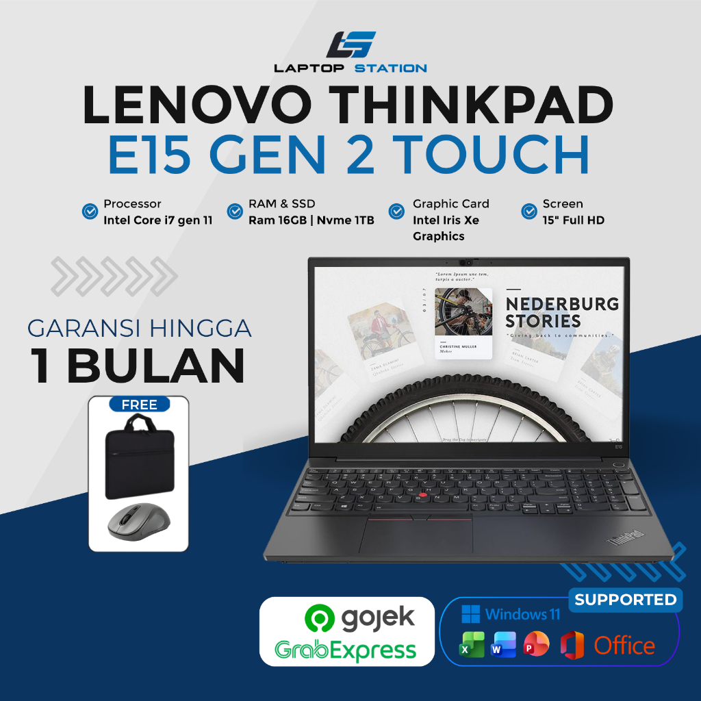Laptop Kerja E15 Gen 2 Touchscreen Core i7 1165G7 Ram 16gb Nvme 1tb Bonus Mouse dan Tas Siap Pakai