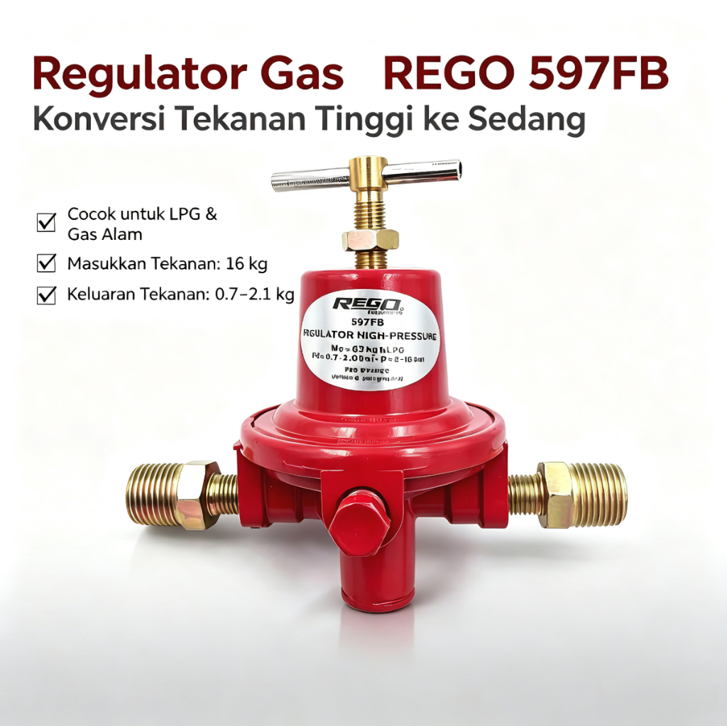 Regulator Gas REGO 597FB High Pressure + Nepel 1/2" x 1/4" 2pcs Tekanan Tinggi Ke Sedang Untuk LPG G