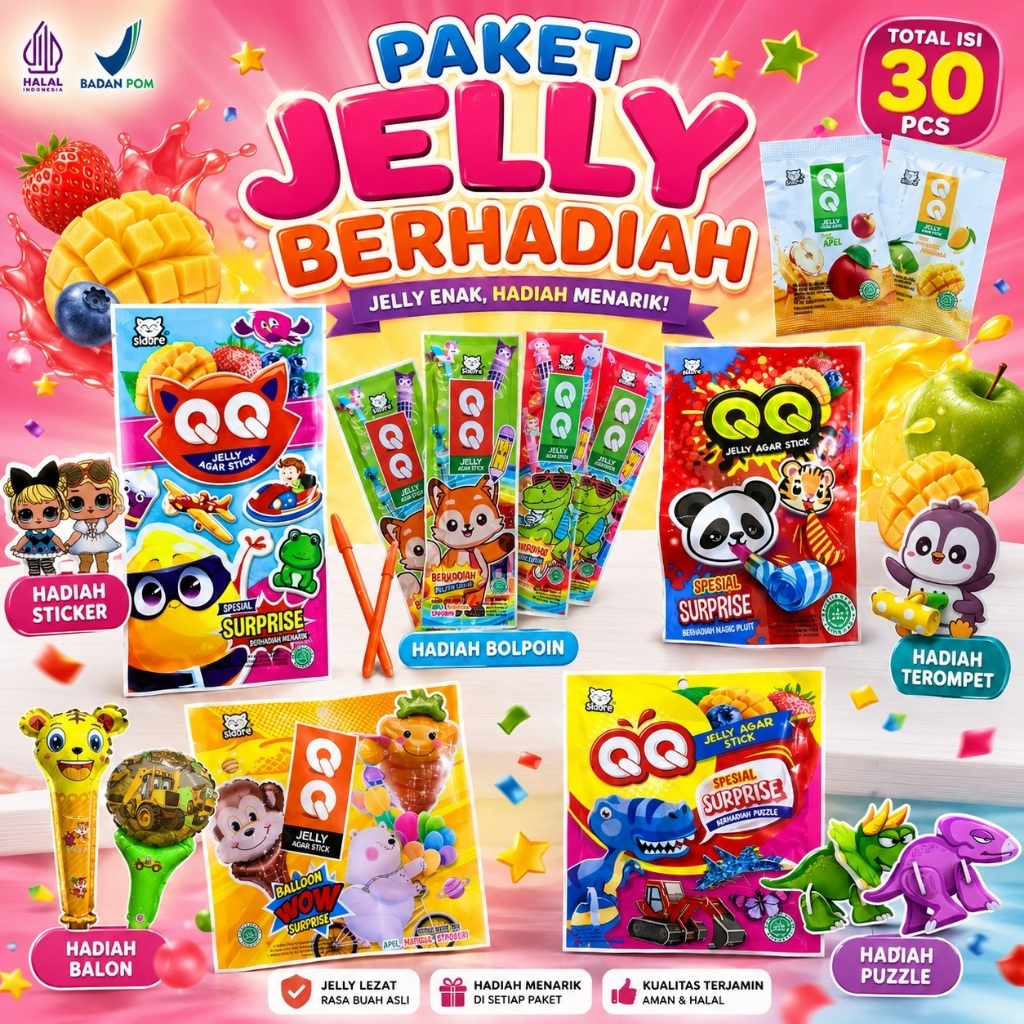 QQ JELLY AGAR STICK 30PCS BERHADIAH MAINAN Jelly Stick Manis Aneka Rasa Yogurt Mangga Stroberi Apel 