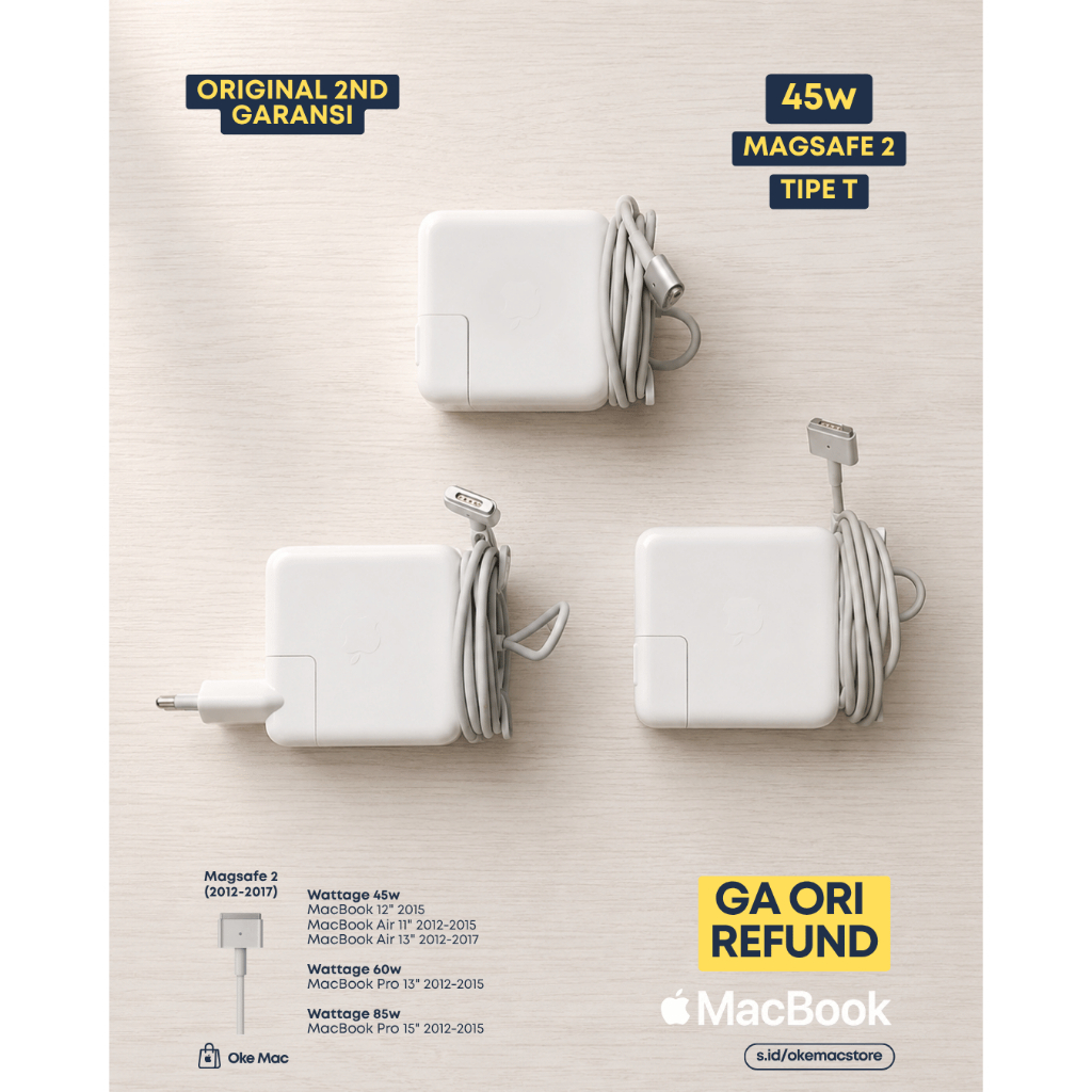 Macbook Charger Ori Magsafe 2 45W Second Apple Copotan 2nd Garansi Macbook Air