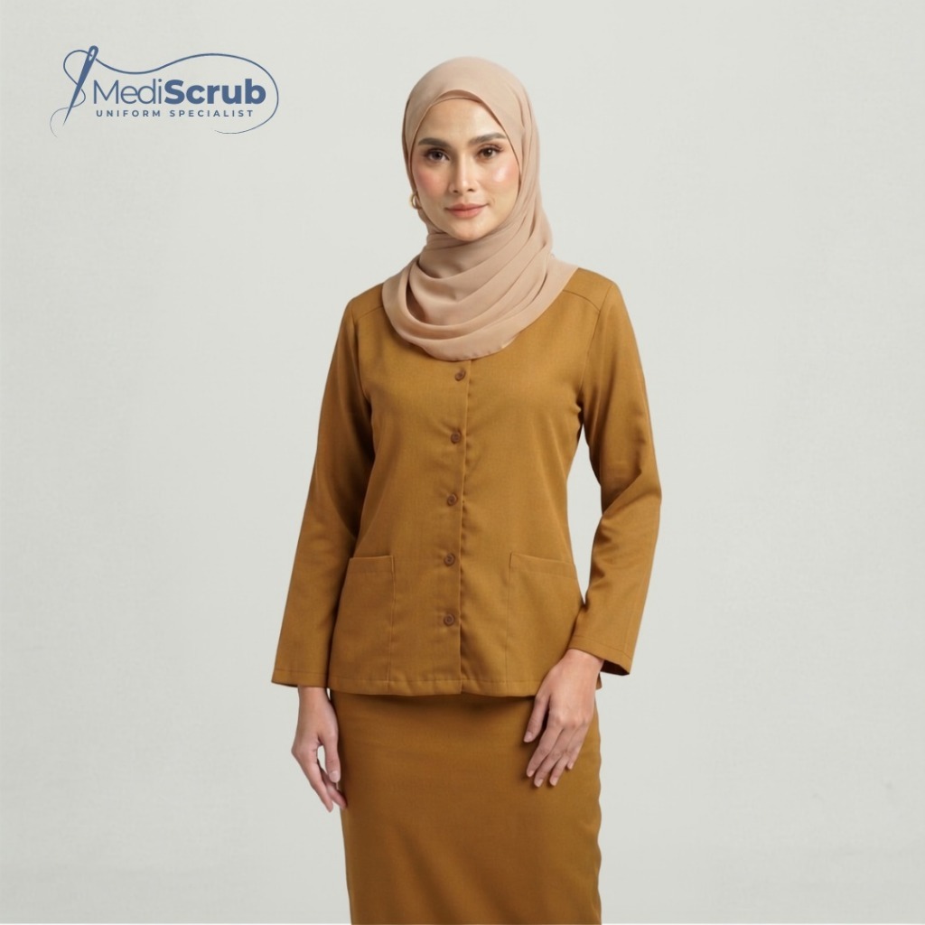MEDISCRUB - Baju Jaga OK Scrubs Kerah Segi Lima Lengan Panjang dan Rok Panjang