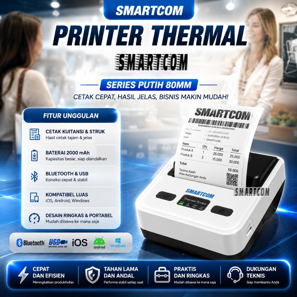 SMARTCOM - Printer Thermal SMARTCOM 80mm Bluetooth USB Cetak Masal StruK Alamat Resi PPOB POS Nota S