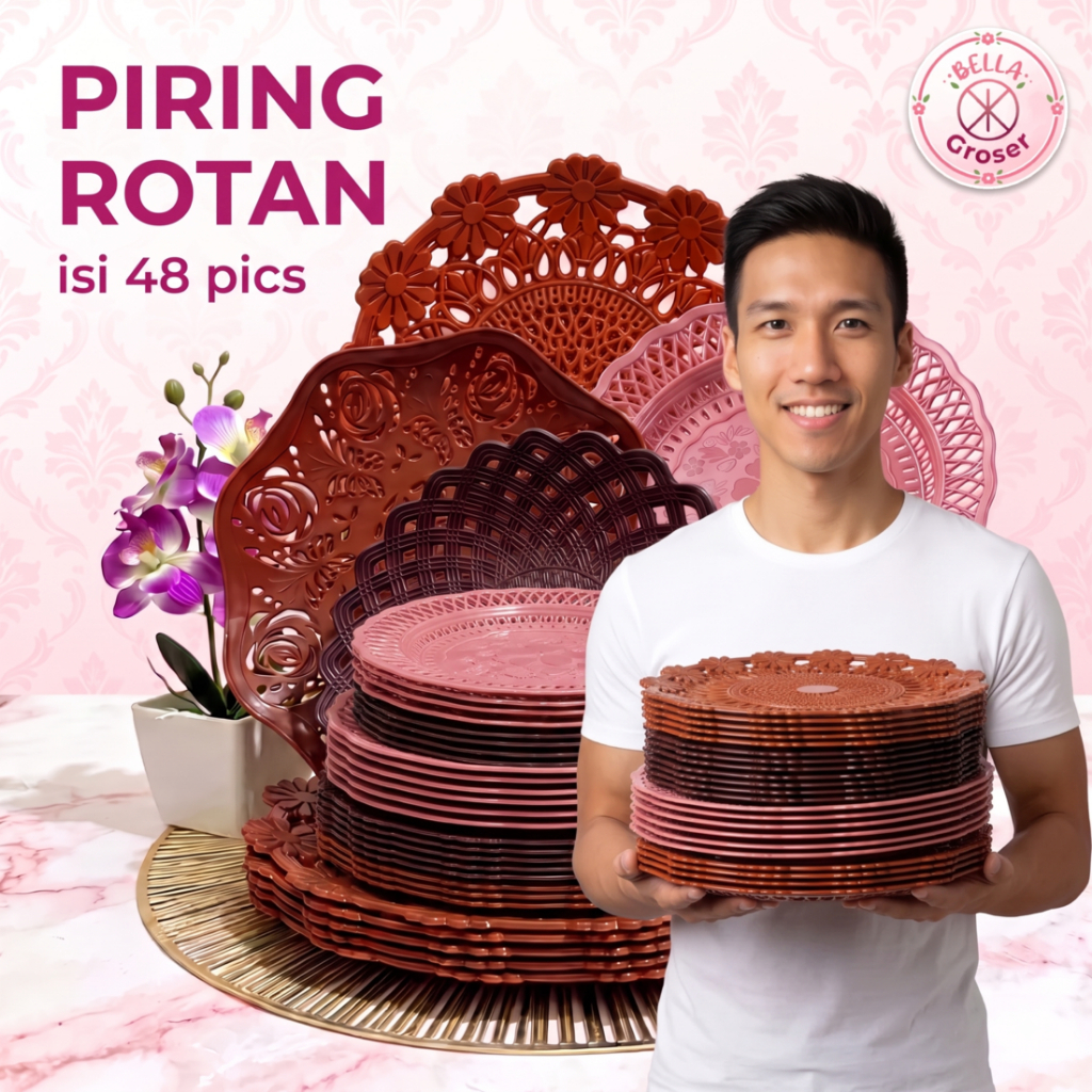 BELLA Groser | PAKET 4 LUSIN ISI 48 PCS / PAKET USAHA PIRING ROTAN PLASTIK | BUNGA MAWAR TEBAL , CHE