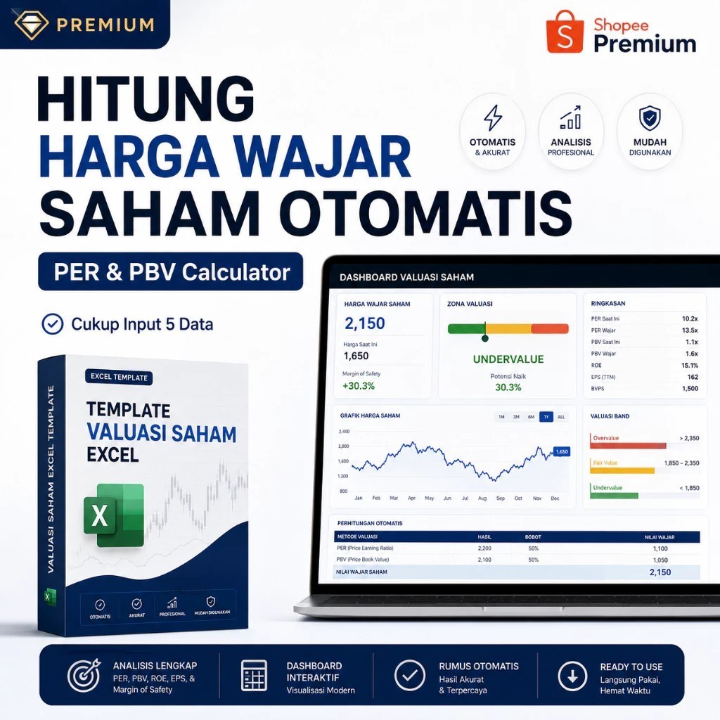 Template Valuasi Saham Excel Otomatis - Hitung Harga Wajar Saham PER & PBV | Dashboard Analisis Siap