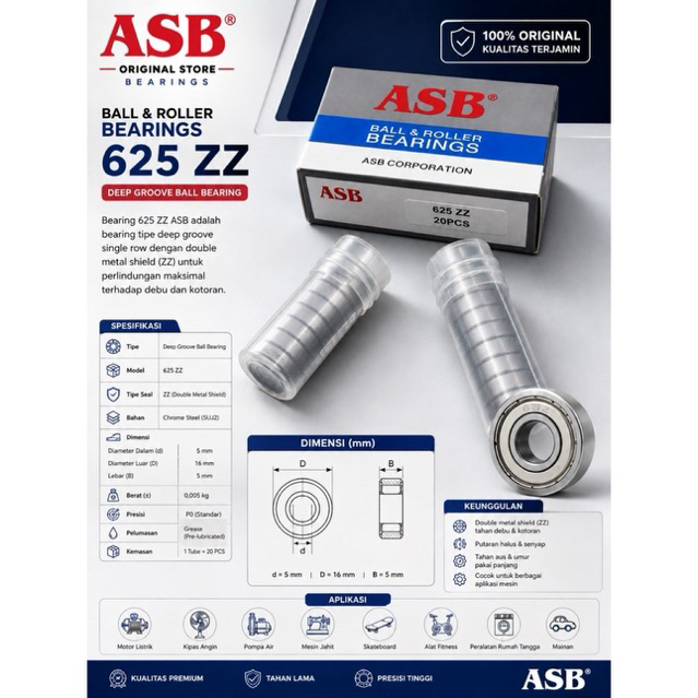 Bearing 625 ZZ ASB ORIGINAL (1 Box Isi 10pcs)