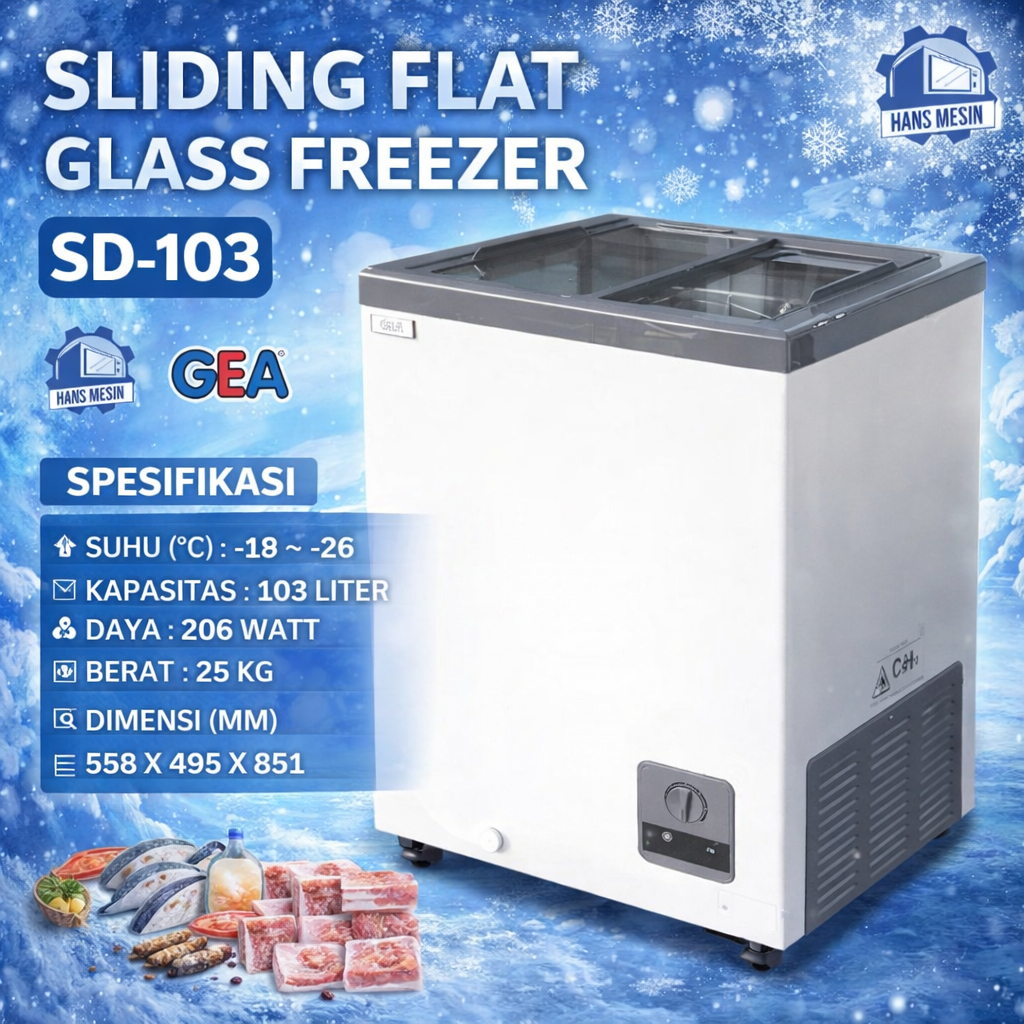 GEA FREEZER SLIDING KACA 103 LITER / FREEZER BOX SLIDING KACA GEA SD-103