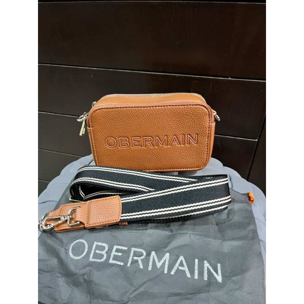 preloved Tas selempang wanita OBERMAIN kotak cokelat dengan tali motif garis
