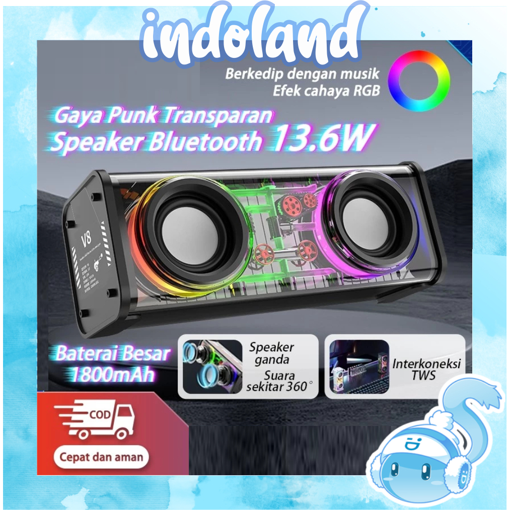 INDOLAND Portable TWS RGB V8 Lights Heavy Bass Music Battery Power Sound Box V8 V1 Boombox Wireless 