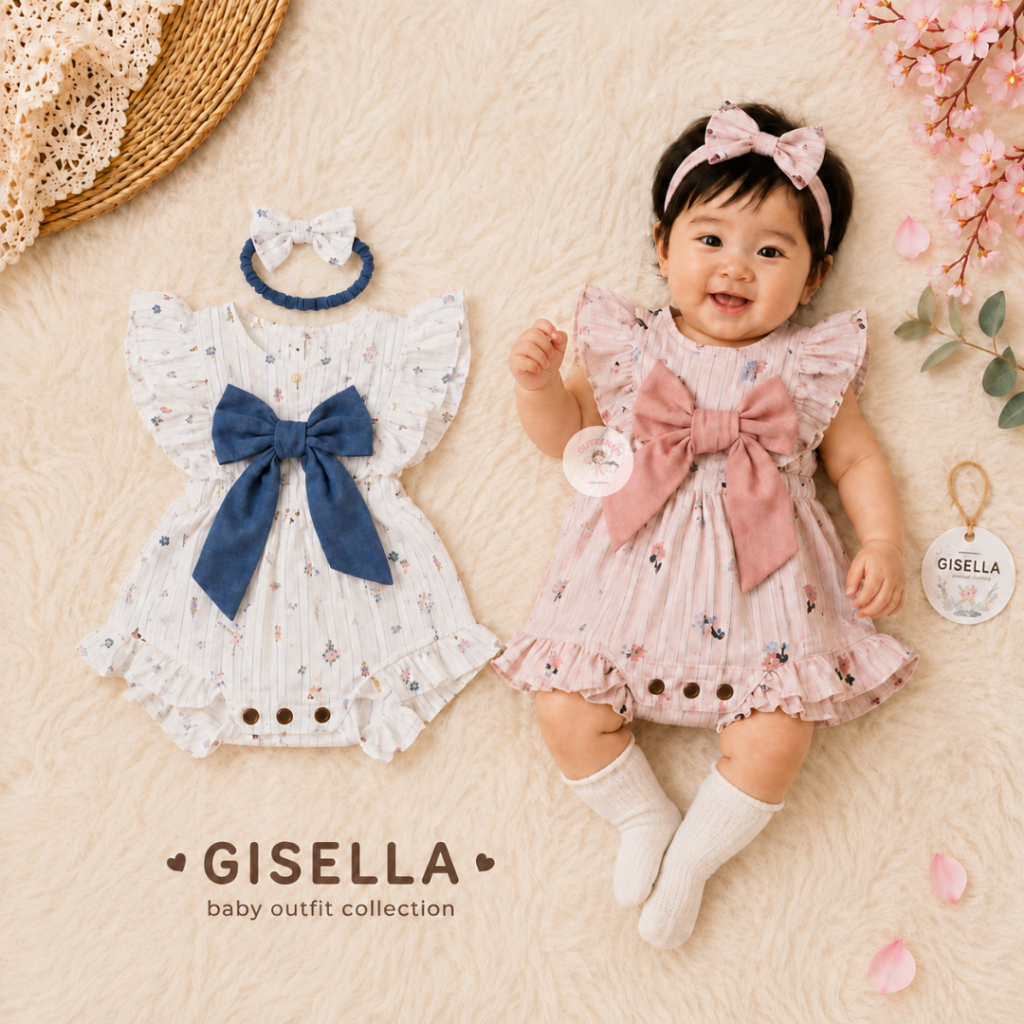OLIVESNAPS - GISELLA romper jumpsuit jumper bayi motif yang lucu + free headband Jumpsuit Pita BUBIB