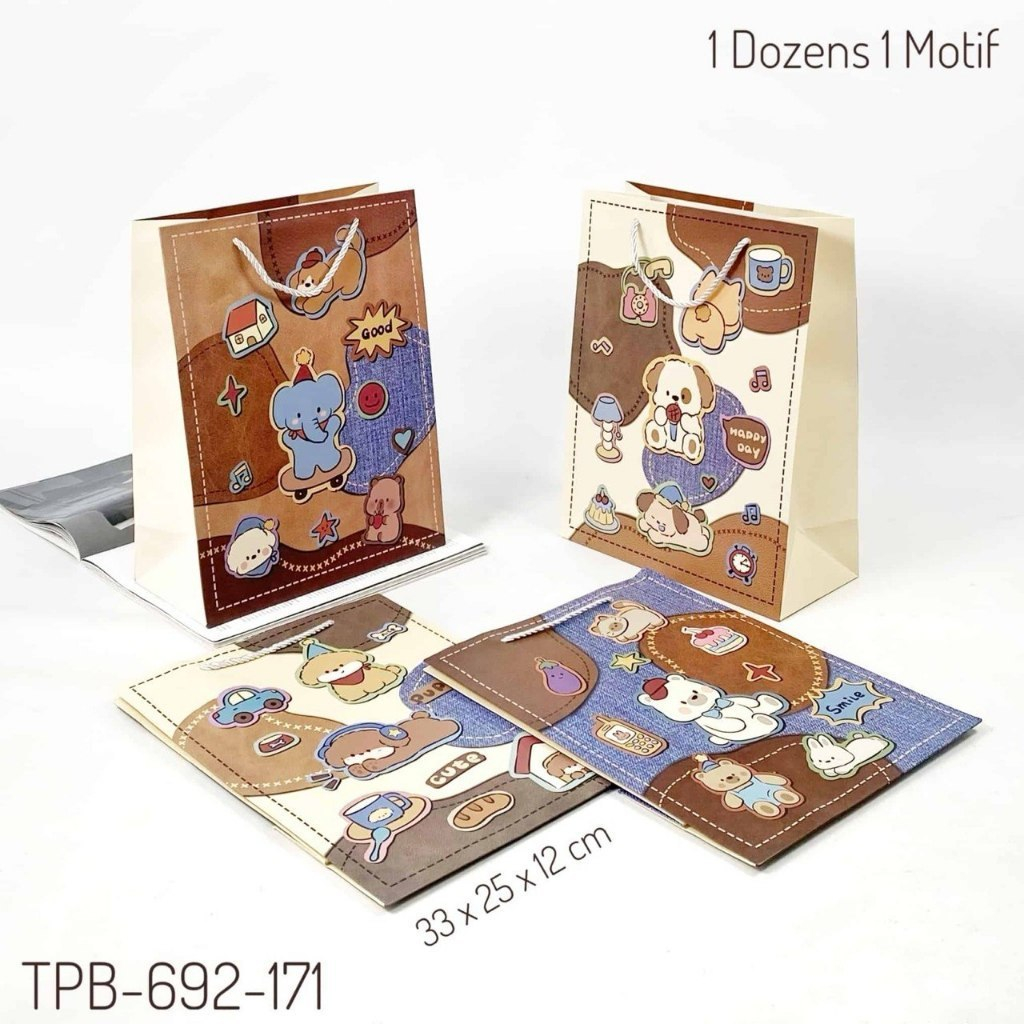 TPB 692-171 - ISI 12 TAS PAPERBAG PORTRAIT LARGE UK 33X25X12CM MTF COLORFUL ANIMAL MIX