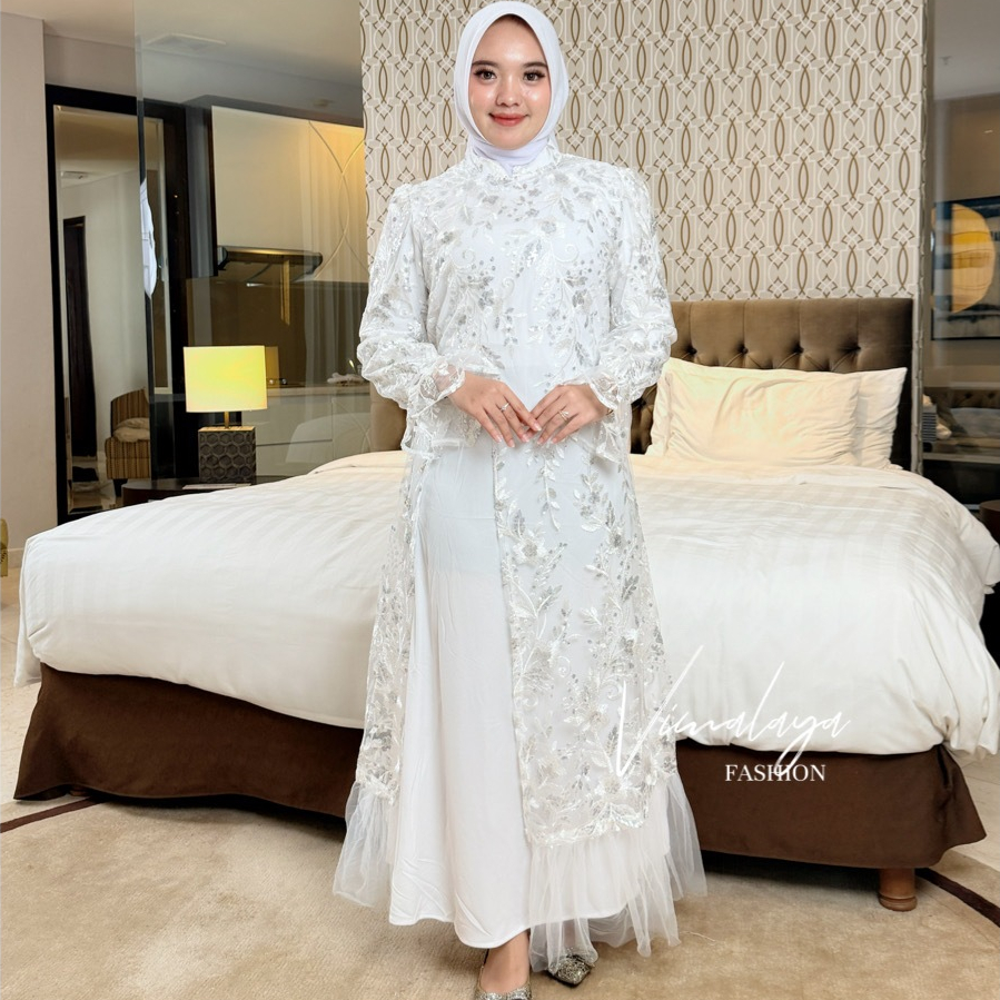 Gamis Putih Tile Payet Bordir Kombinasi Tile Tutu Baju Muslim Vima 71461
