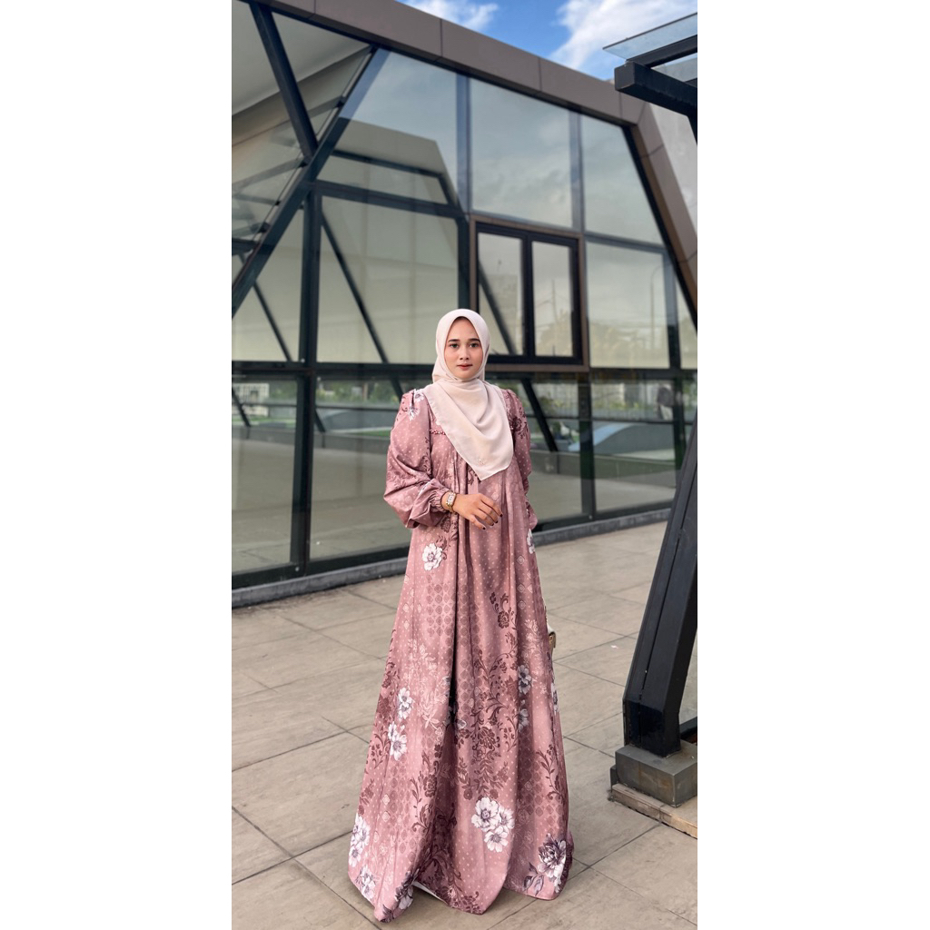 Nabtik - Aqila Gamis Motif Dress Dila Dustyrose Premium Bahan Coco Nichi Import Lembut Flowy Adem Te