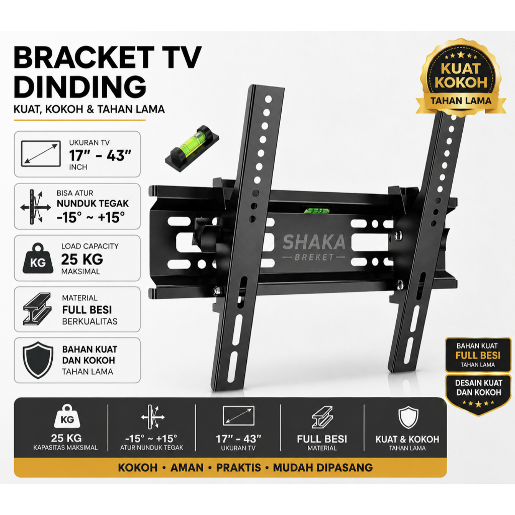 Bracket TV TCL 14–43 Inch TV LED LCD Smart TV Full Besi + Waterpass & Baut Lengkap