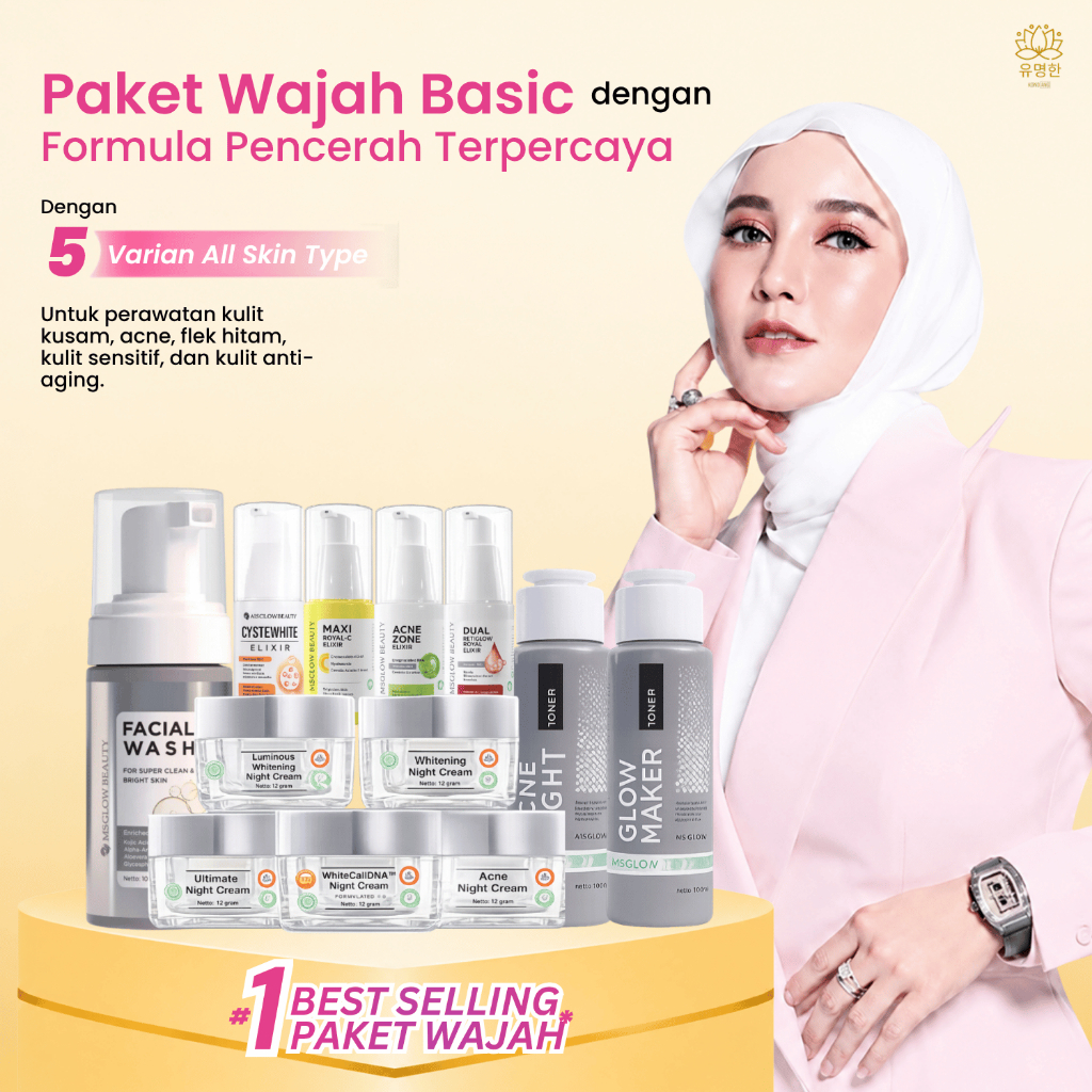 Ms Glow Paket Wajah New Basic Series 1 Set Lengkap Whitening, Luminous, Acne, Whitecell DNA, Ultimat