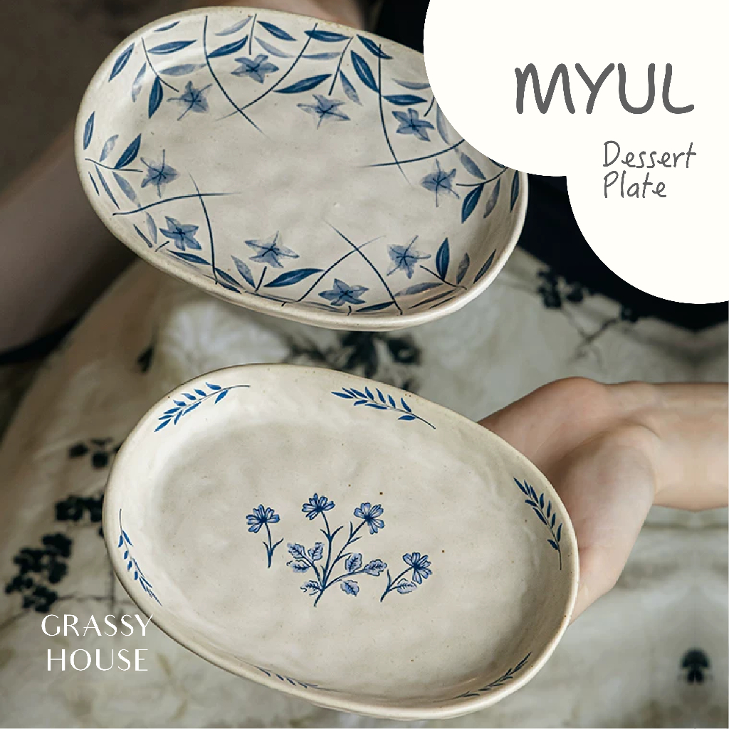 [GRASSY] Piring Dessert MYUL Motif Bunga Biru Keramik Oval untuk Camilan/Piring Makan Korea Keramik/