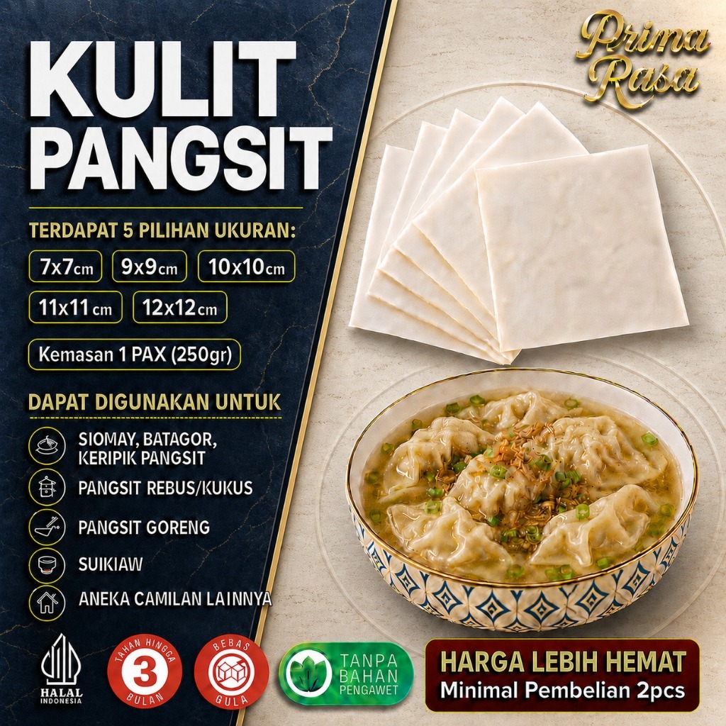 Prima Rasa - Kulit Pangsit Kotak Besar 7-12cm Kulit Pangsit Mentah Rebus & Goreng Tipis Lentur Halal