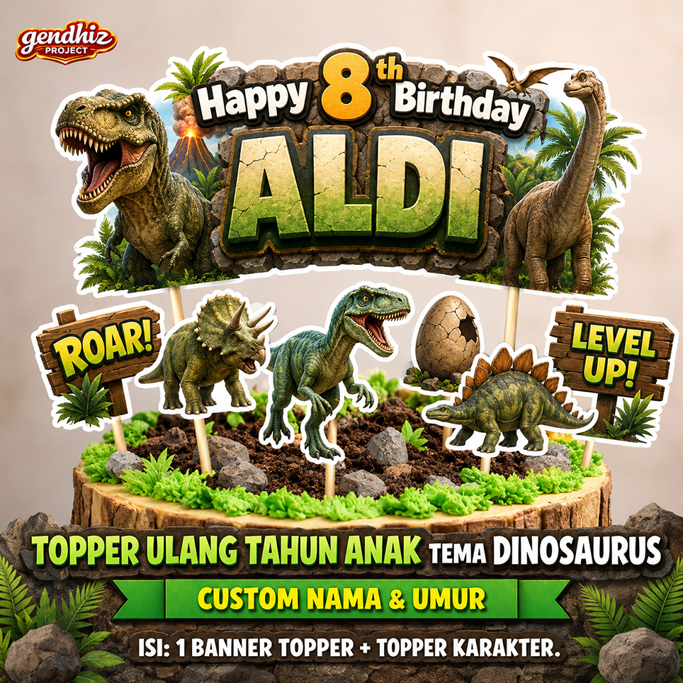 Cake Topper Custom Anak Tema Dinosaurus | Topper Ulang Tahun Anak Custom Nama & Umur | Dekorasi Kue 
