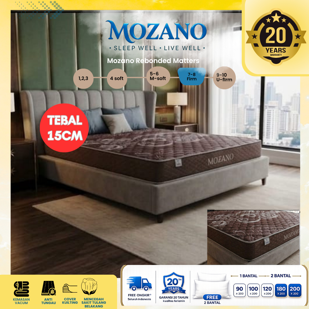 MOZANO R40 Tebal 15cm Kasur Busa Rebonded High Density dengan Cover Quilting Premium Garansi 20th re