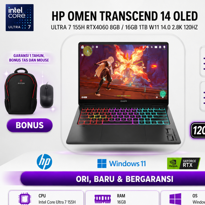 HP OMEN TRANSCEND 14 OLED ULTRA 7 155H RTX4060 8GB/ 16GB 1TB W11 14.0 2.8K 120Hz