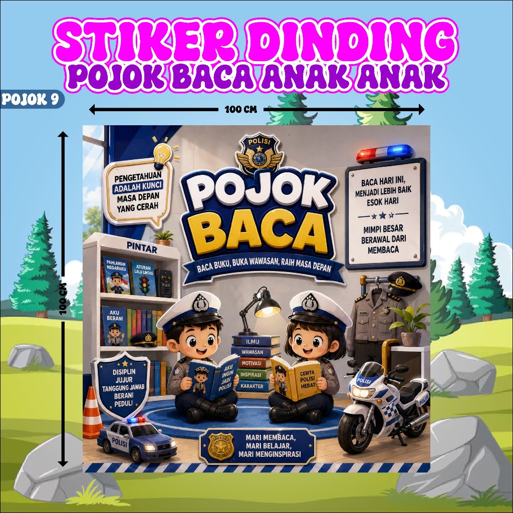DEKORASI WALL STIKER DINDING POJOK BACA MOTIF POLISI // HIASAN RUANG KELAS