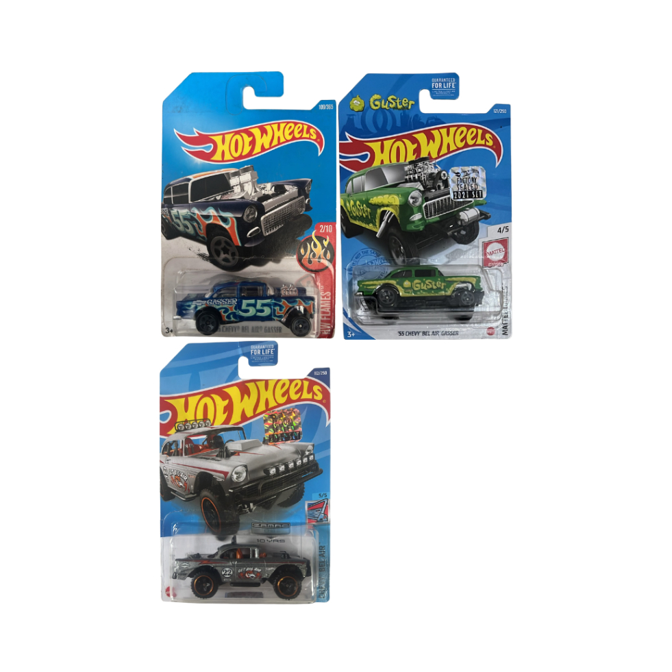 Hotwheels Regular’55 Chevy Bel Air Gasser Blue,Green Fire, Zamac 06 FS 2022 Card Not Mint SNI Origin