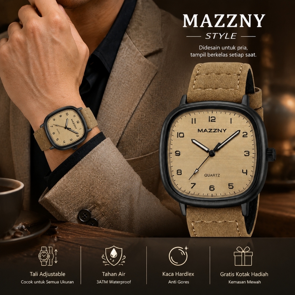 Jam Tangan Pria Kulit Anti Air Original Terbaru Casual Tahan Air Square Leather Jam Tangan Cowok(Fre