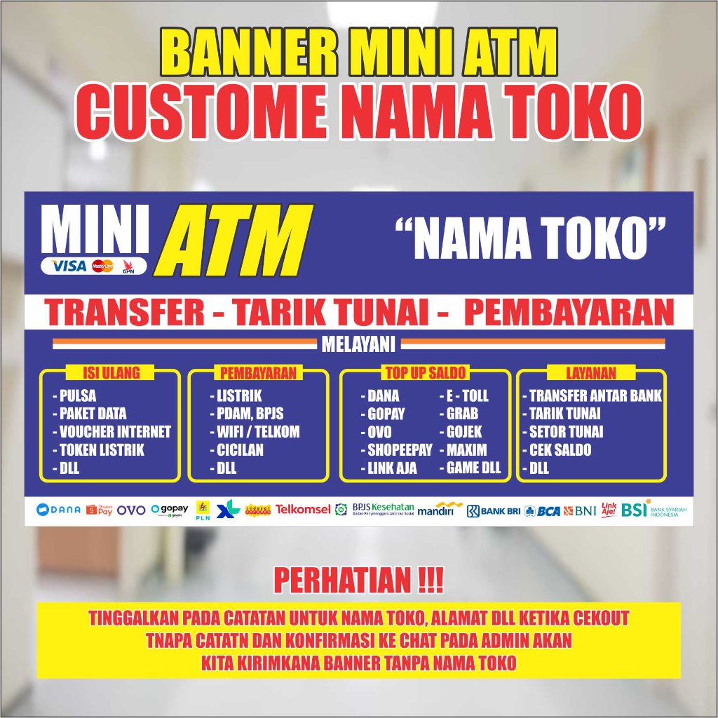 SPANDUK/BANNER/BACKDROP CUSTOME NAMA TOKO ATM MINI TRANSFER TOPUP E WALET JUAL PULSA KONTER PULSA