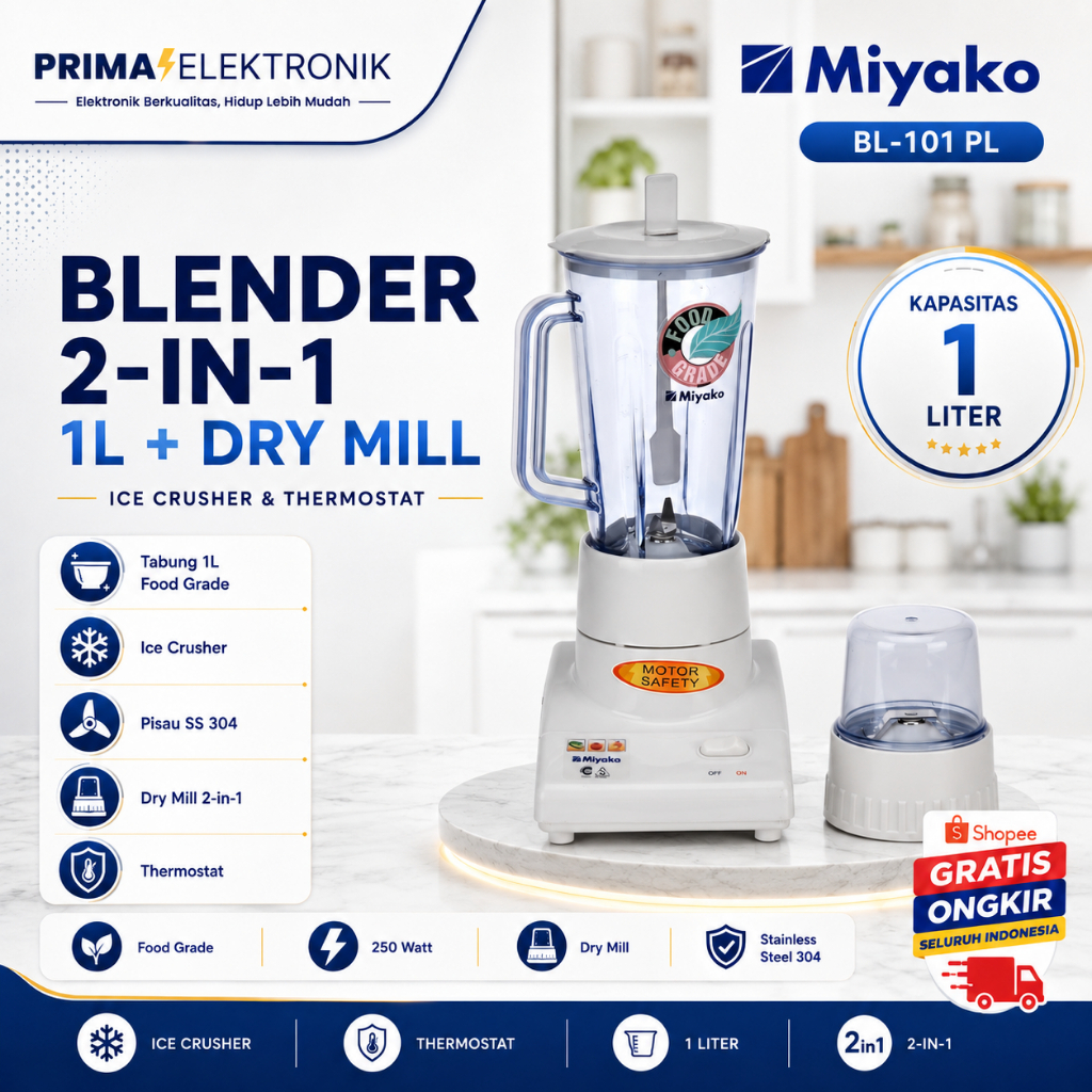 Miyako Blender 1 Liter BL-101PL/BL101PL/BL101 PL/BL 101PL/BL-101 PL/BL 101 PL Blender Plastik