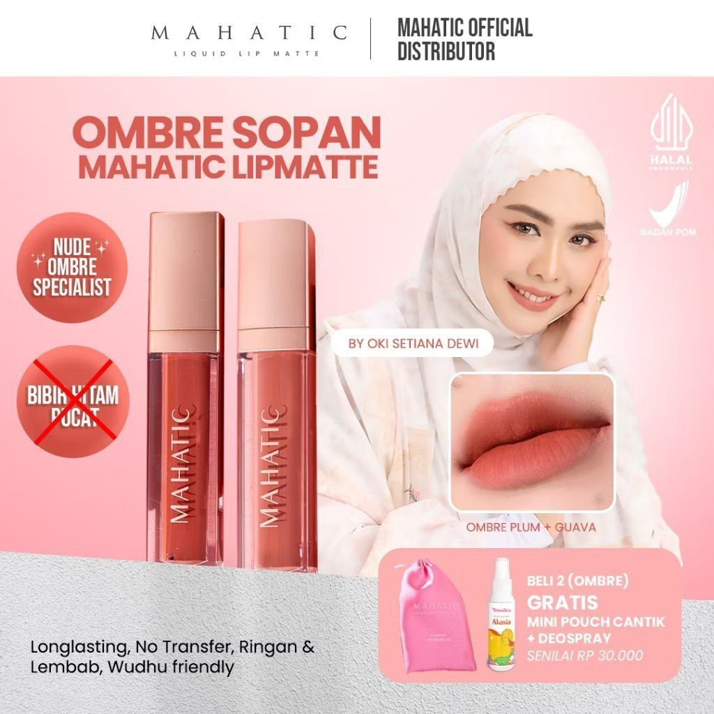 Mahatic Liquid Lip Matte Ombre Sopan Ombre Plum + Guava Longlasting Wudhu Friendly