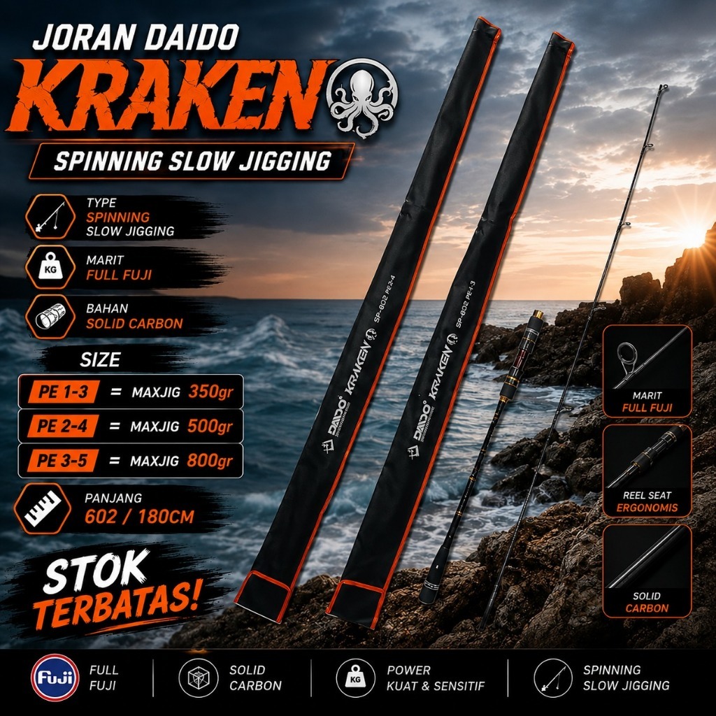 Joran Slow Jigging Daido Kraken Spinning Solid Carbon 180cm | Joran pancing daido kraken bervarian u
