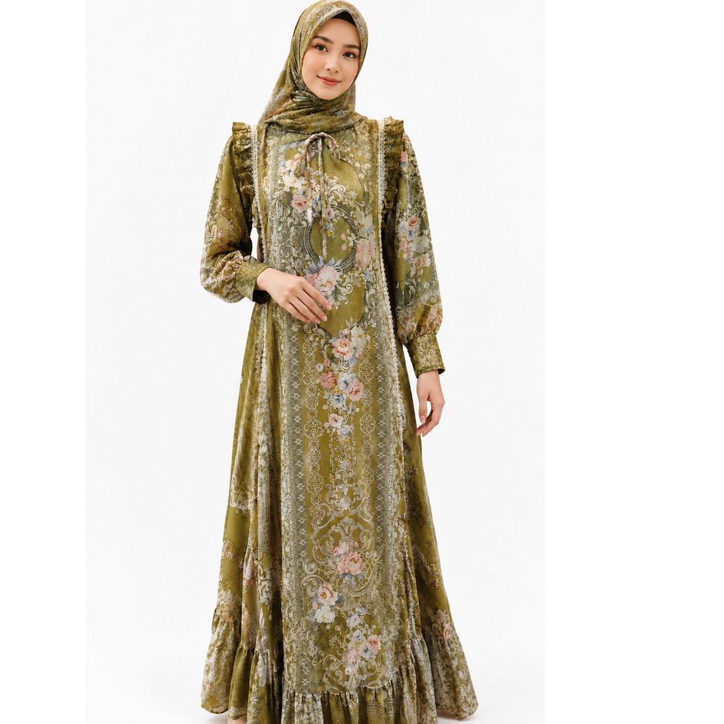 Gamis V3 Hijau l Gamis Panjang Hijab Motif Bunga Bordir Bordir Hijau Muda Elegan