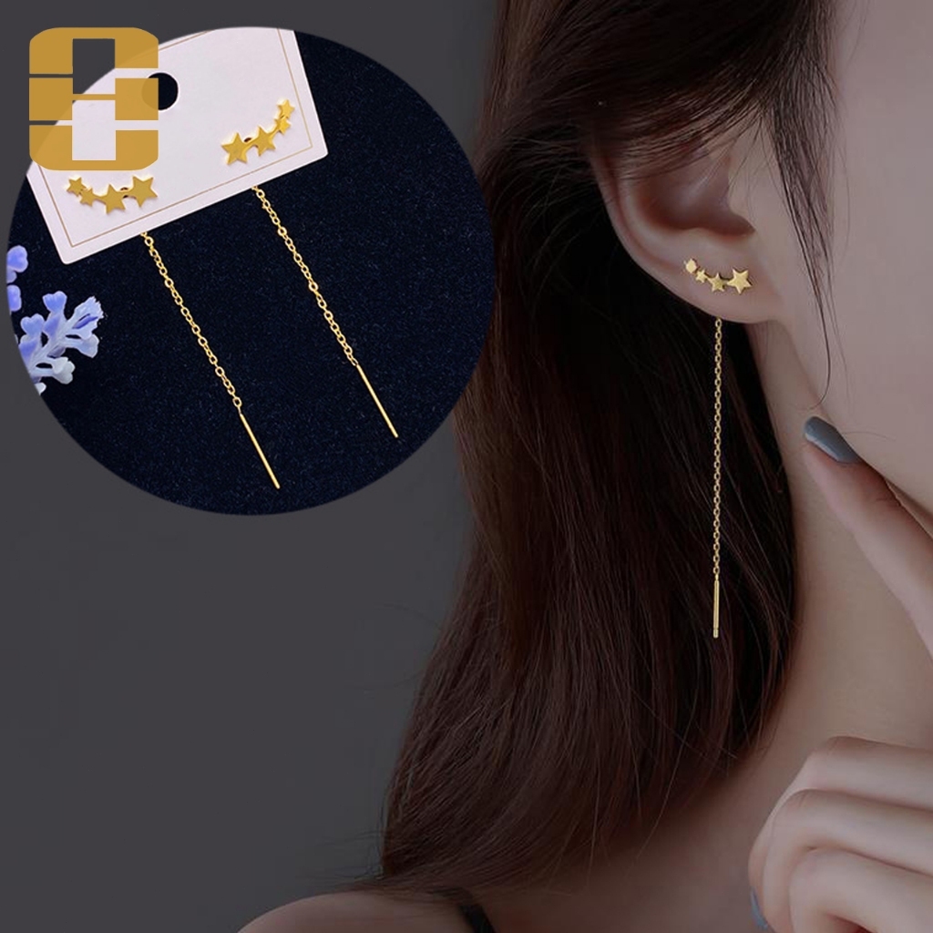 HUICUI Anting Tusuk Panjang Rantai Bintang Emas Titanium Steel Anting Gantung Bintang Minimalis Warn