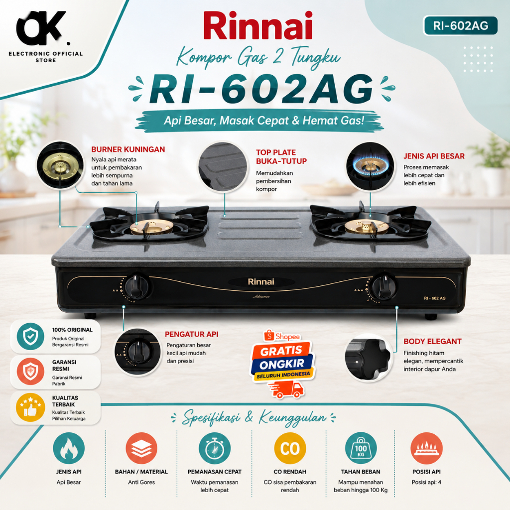 RINNAI KOMPOR GAS 2 TUNGKU RI-602AG/RI602AG/RI602AG/RI 602AG/RI-602 AG/ORIGINAL RINNAI/GARANSI RESMI