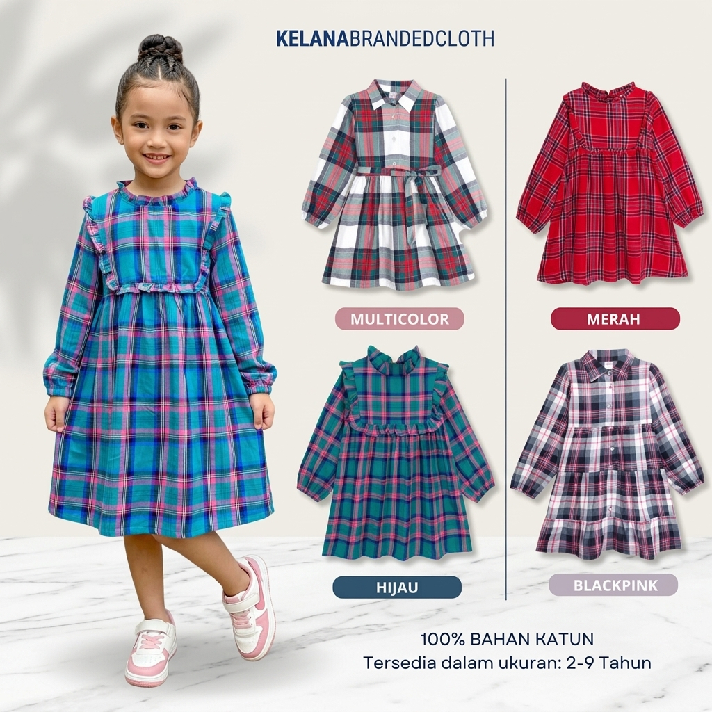 DRESS ANAK CEWEK / DRESS ANAK FLANEL / MIDI DRESS ANAK