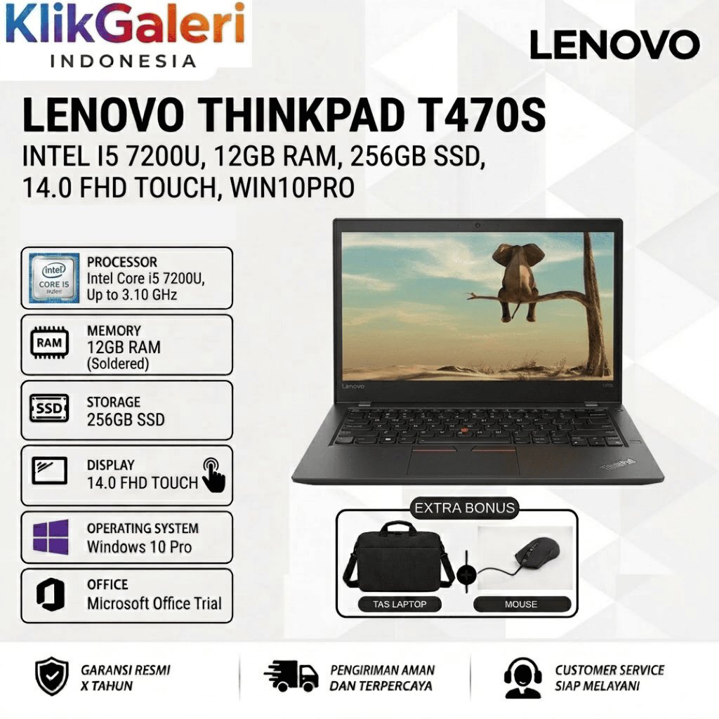 Laptop Lenovo ThinkPad T470S INTEL i5 7200U Ram 12GB 256G 14 Inchi FHD Touchscreen Win10Pro Black