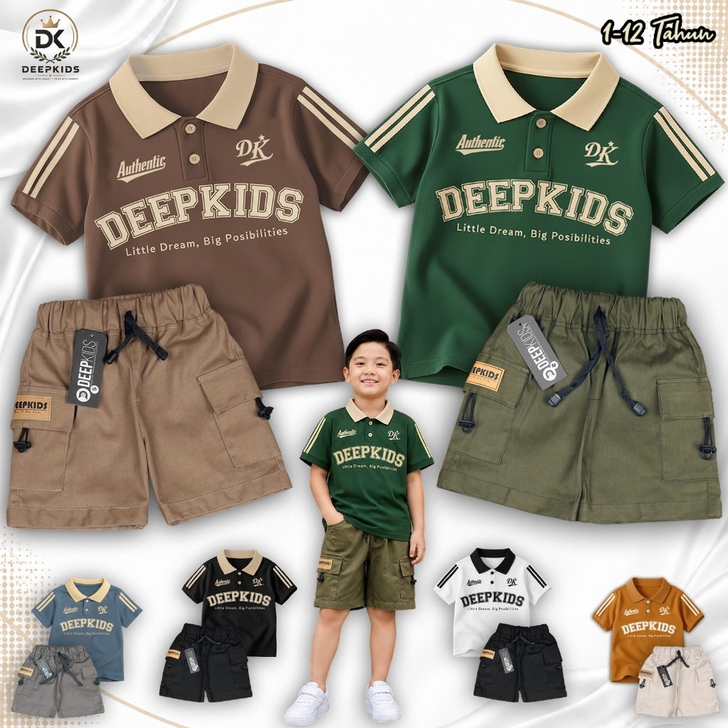 DEEPKIDS Setelan Anak Laki Laki Kaos Kerah Polo Bahan Cotton Combed 24s dan Celana Cargo Pdk Premium