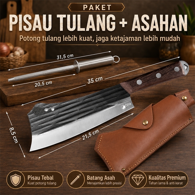 Set Batang Asah Stainless | 5mmPisau Potong Tulang 720g Gagang Kayu + Sarung
