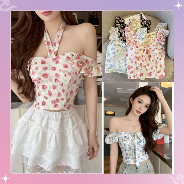 VOS~BJ2245 Baju Atasan Cewek Sabrina Motif Floral Korea Motif Bunga Off Shoulder CropTop Pita Cute F