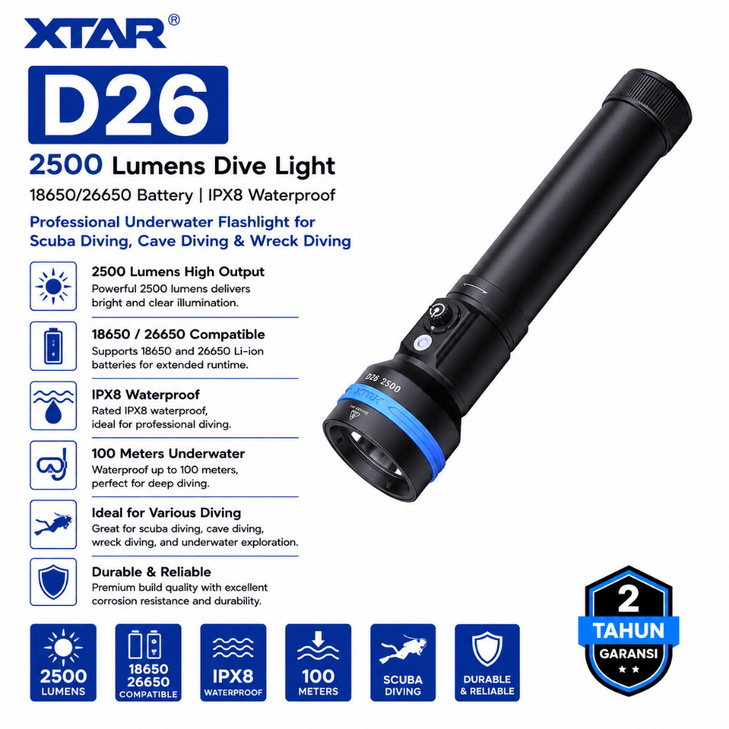 XTAR D26 2500 Lumens IPX8 Scuba Diving Flashlight