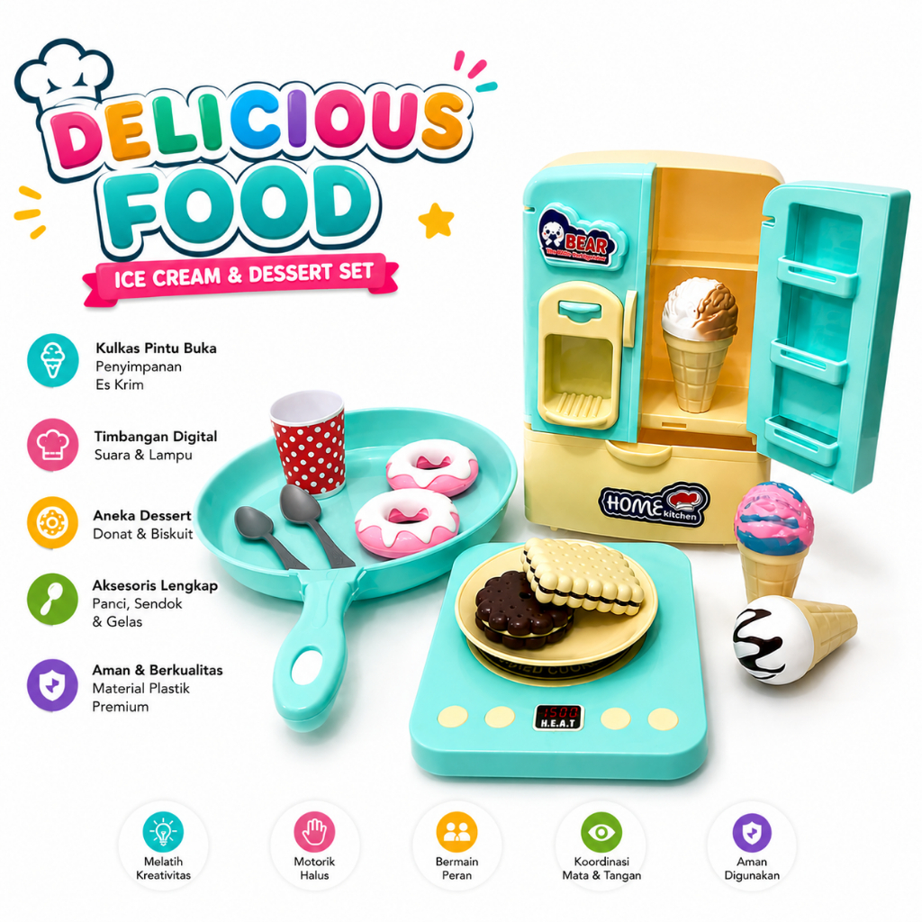 Mainan Peran Anak Masak Masakan Kitchen Set Panci Kompor Kulkas Mini Refrigerator Dessert