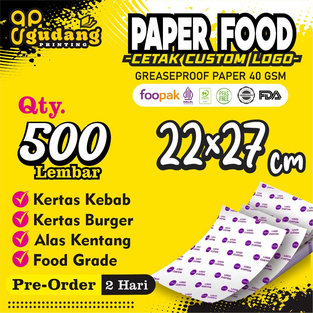 Paper Food Cetak Custom Logo Greaseproof Paper 40 GSM 22x27 cm 500 Lembar Food Grade