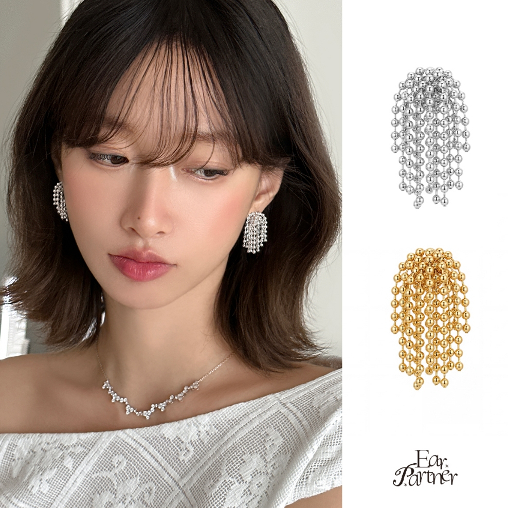 Ear Partner Anting Tusuk Rantai Manik Emas Berjuntai jarum perak 925 Model Korea Wanita Remaja OOTD 