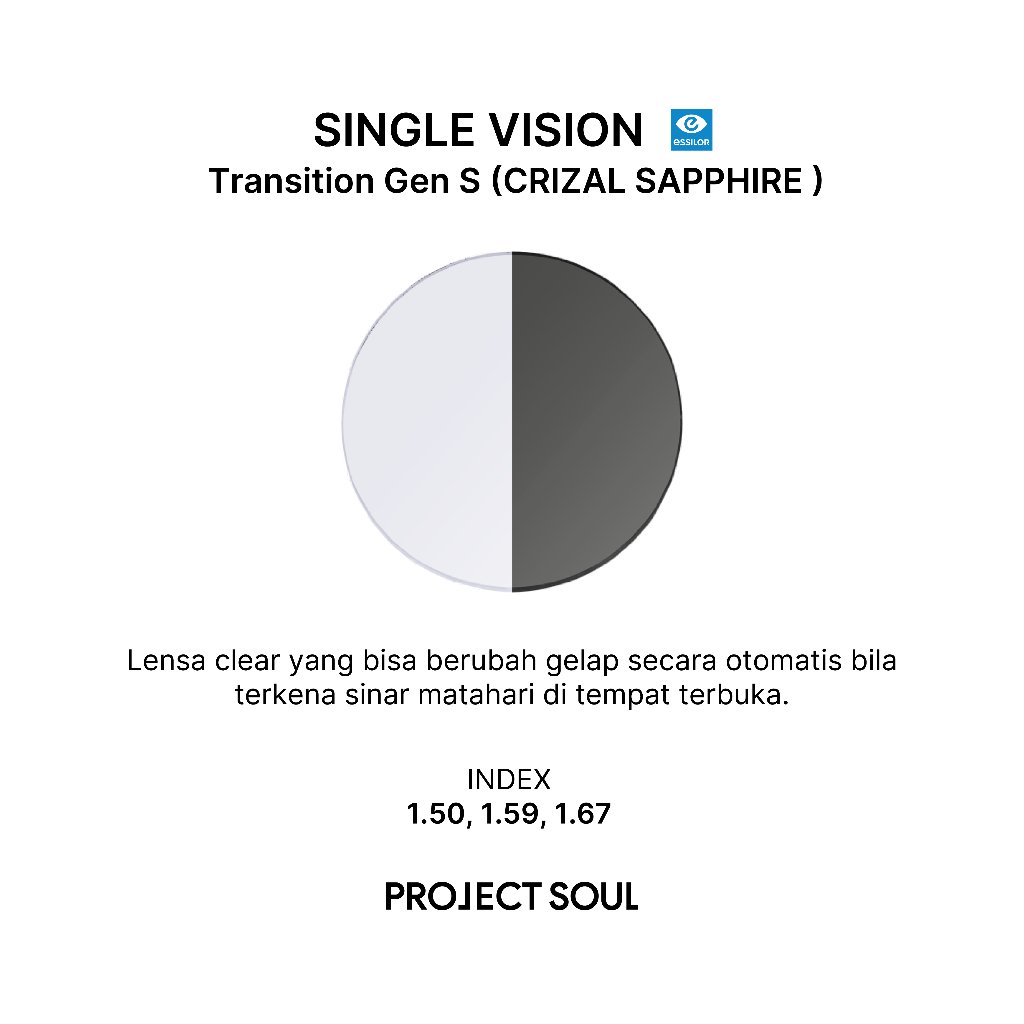 ESSILOR - Single Vision TRANSITION GEN S (CRIZAL SAPPHIRE) LENS - LENSA KACAMATA
